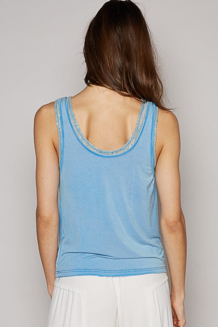 POL Jersey Henley Tank Top with Inner Lace Layer Detailing