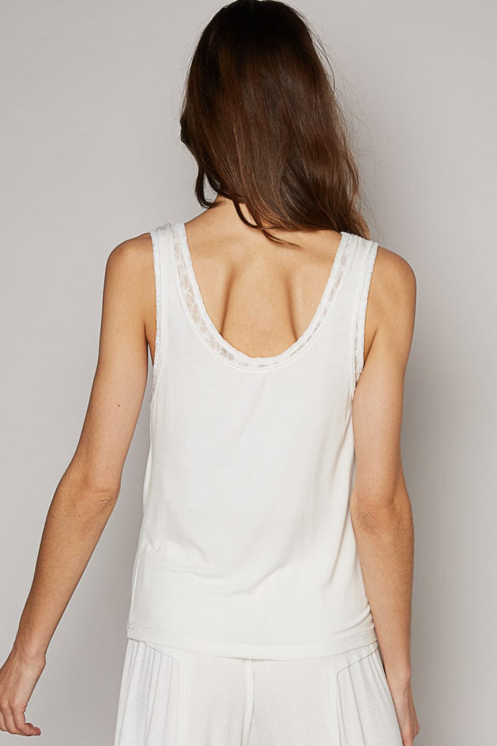 POL Jersey Henley Tank Top with Inner Lace Layer Detailing