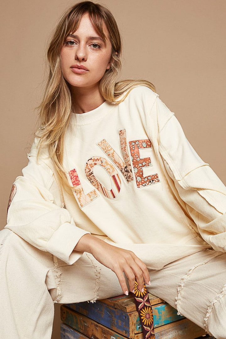 POL L.O.V.E. Letter and Heart Quilted Patch French Terry Balloon Sleeve Pullover Top