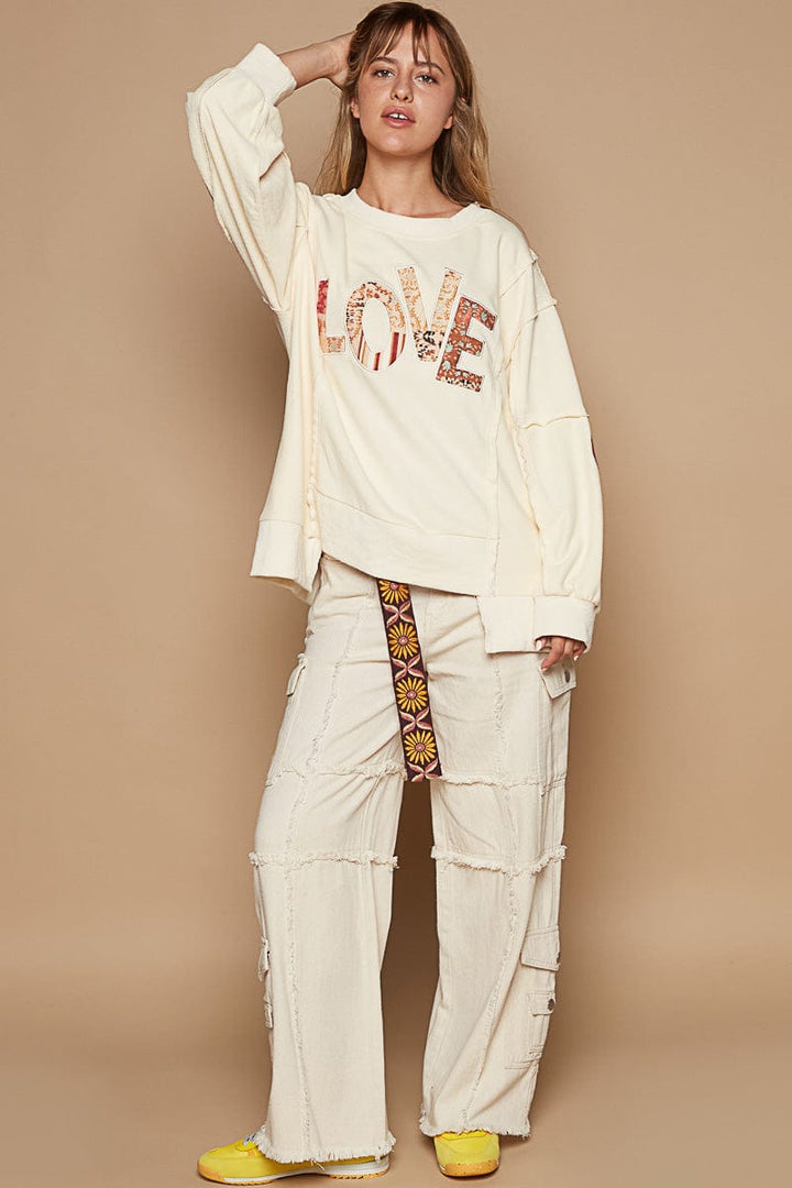 POL L.O.V.E. Letter and Heart Quilted Patch French Terry Balloon Sleeve Pullover Top