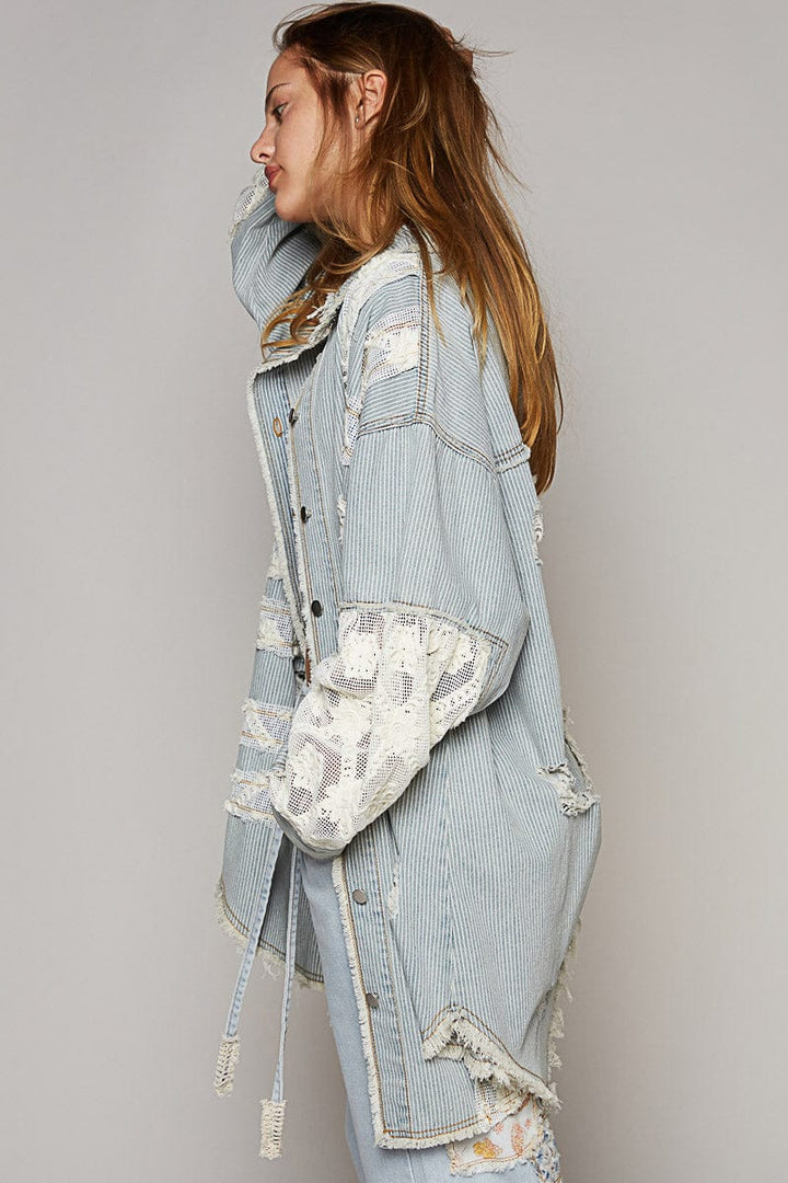 POL Lace and Crochet Patch Relaxed Fit Striped Denim Shacket with Distressed Edges