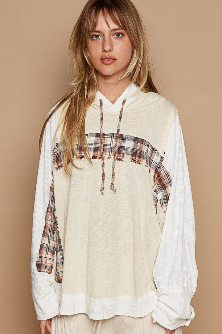 POL Long Sleeve Relaxed Fit Plaid Mix Fabric Pullover Hoodie