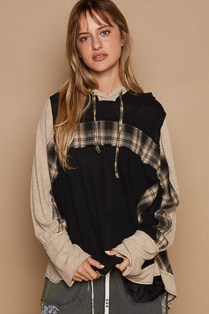 POL Long Sleeve Relaxed Fit Plaid Mix Fabric Pullover Hoodie