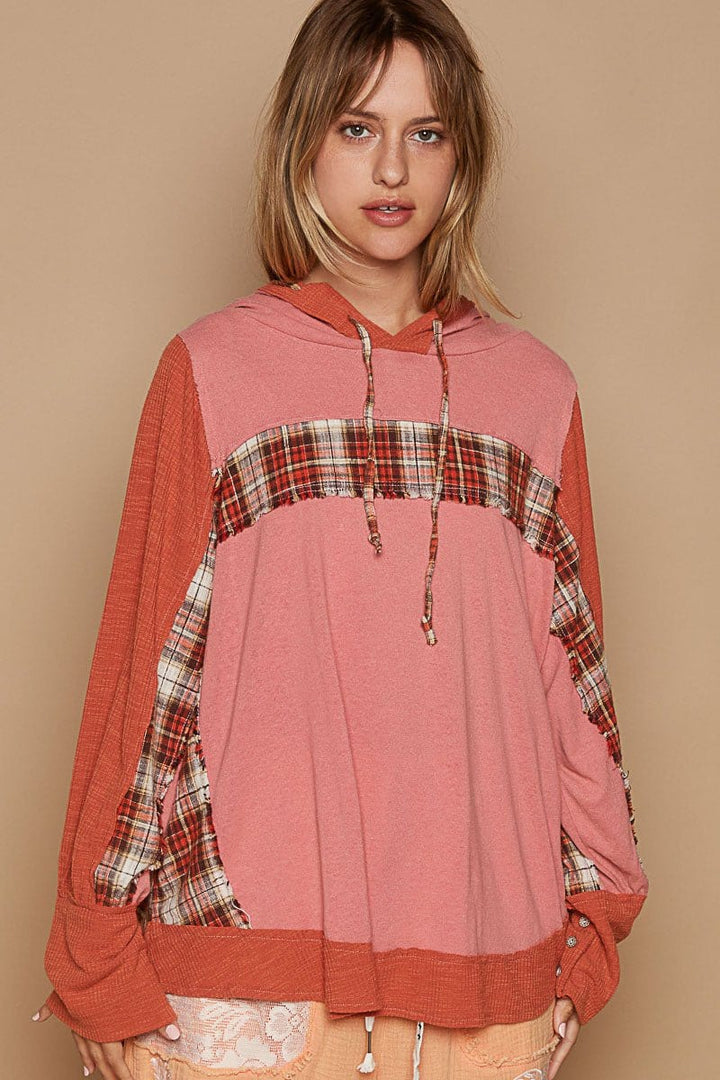 POL Long Sleeve Relaxed Fit Plaid Mix Fabric Pullover Hoodie