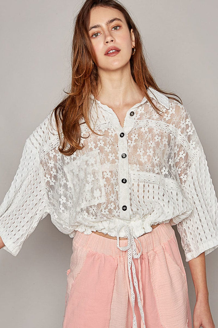 POL Mixed Fabric Relaxed Fit Lace with Ruffled and Cinched Bottom