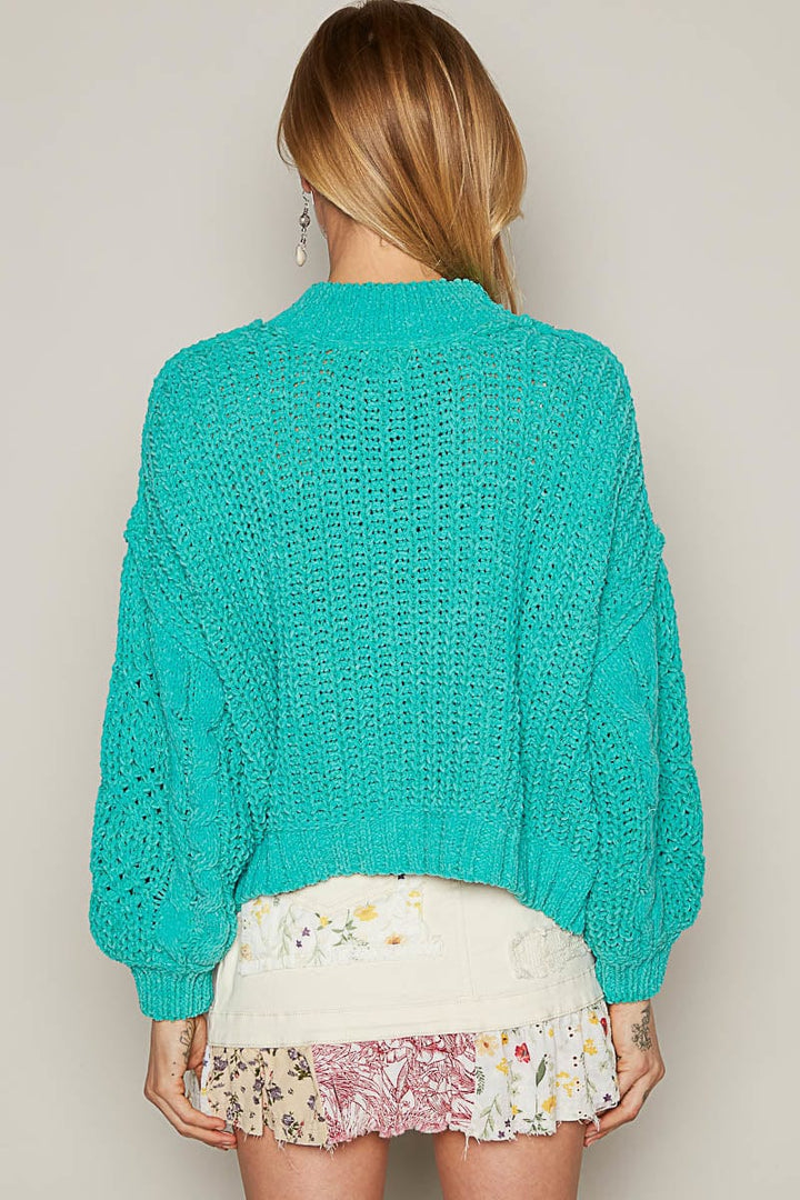 POL Mock Neck Balloon Sleeve Twisted Chunky Cable Knit Sweater