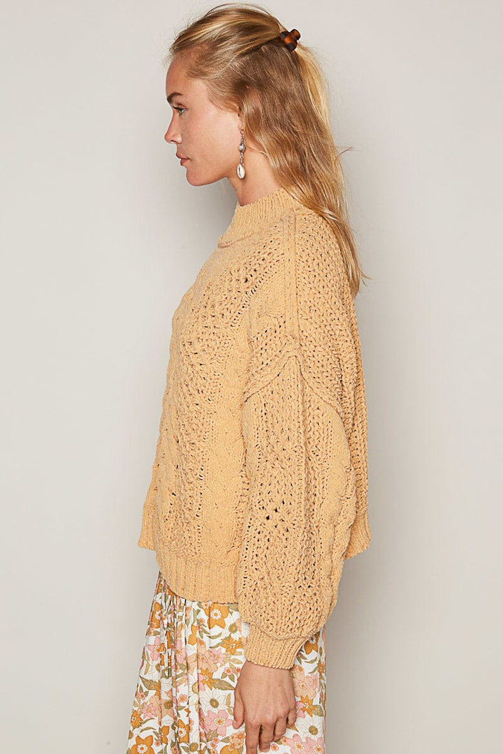 POL Mock Neck Balloon Sleeve Twisted Chunky Cable Knit Sweater