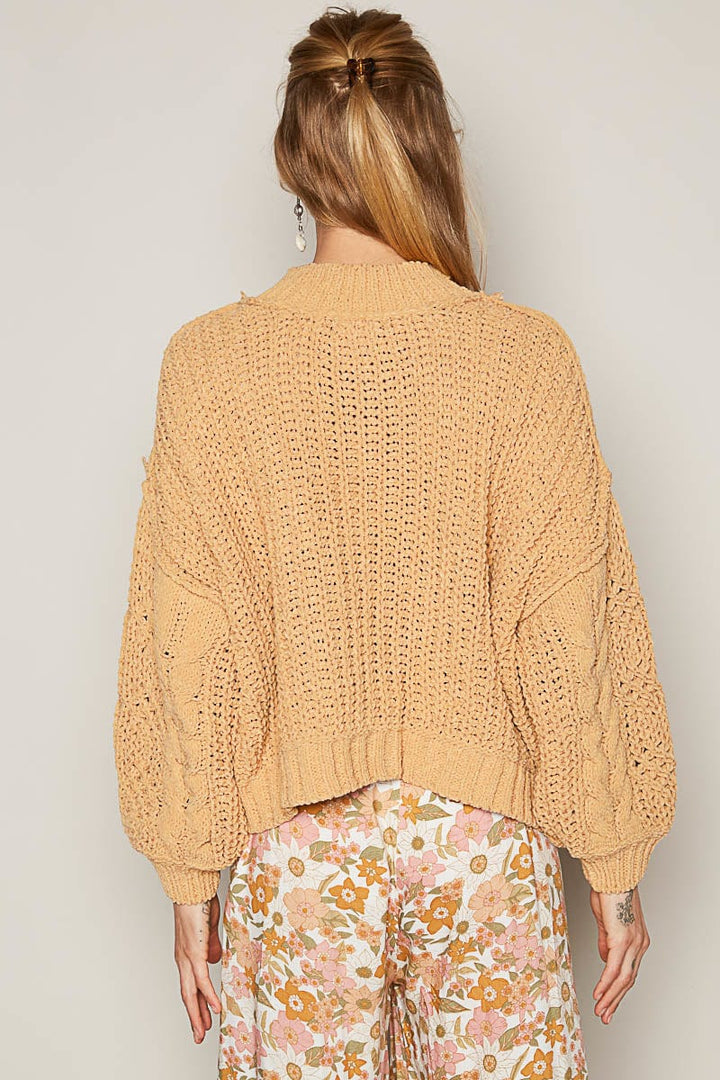 POL Mock Neck Balloon Sleeve Twisted Chunky Cable Knit Sweater