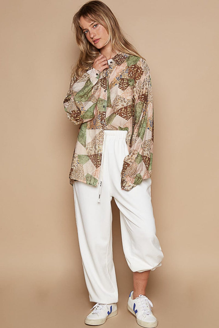 POL Multi Pattern Woven Button Down Shirt with Cuff Sleeves