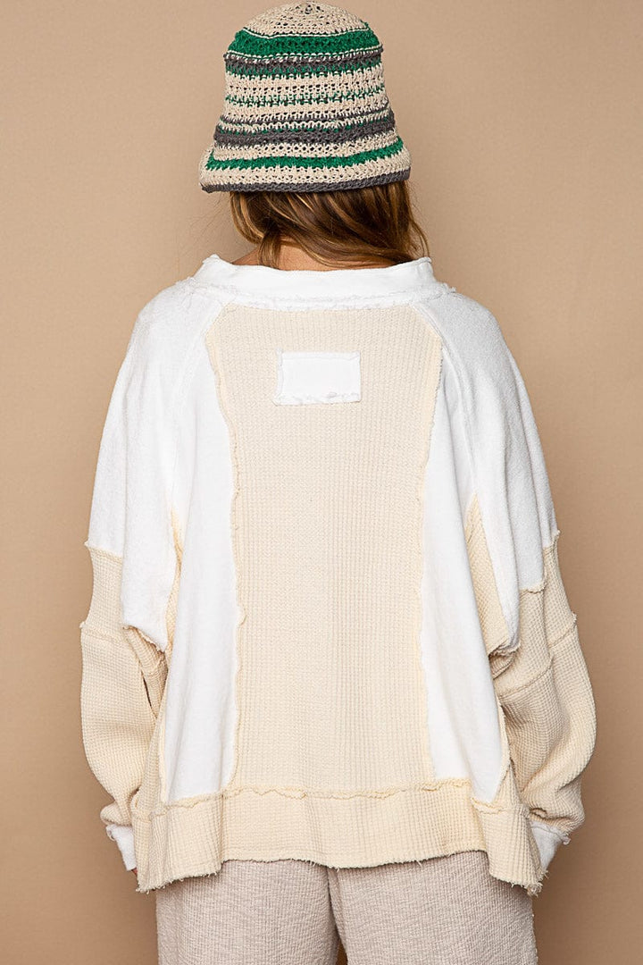 POL Notch Neckline Long Sleeve Oversized Mixed French Terry and Thermal Knit Top