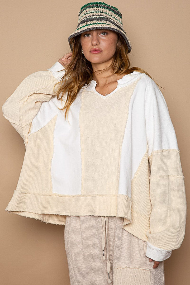 POL Notch Neckline Long Sleeve Oversized Mixed French Terry and Thermal Knit Top