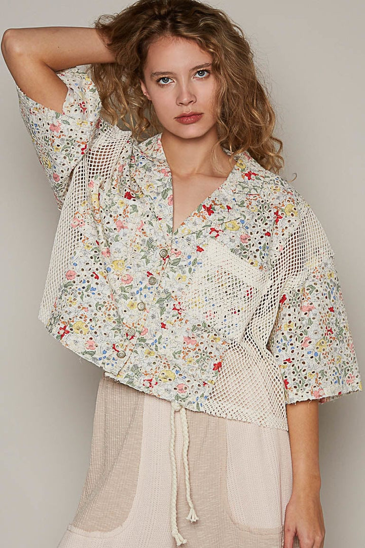 POL Oversized Button-Down Half Sleeve Printed Eyelet and Crochet Shirt