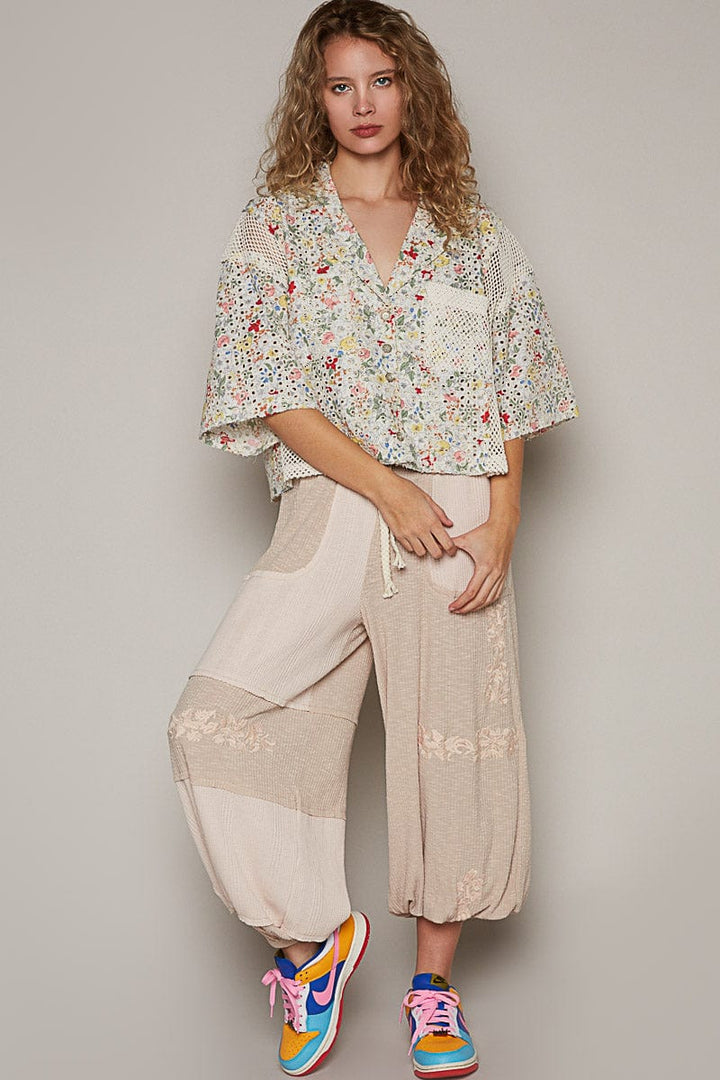 POL Oversized Button-Down Half Sleeve Printed Eyelet and Crochet Shirt