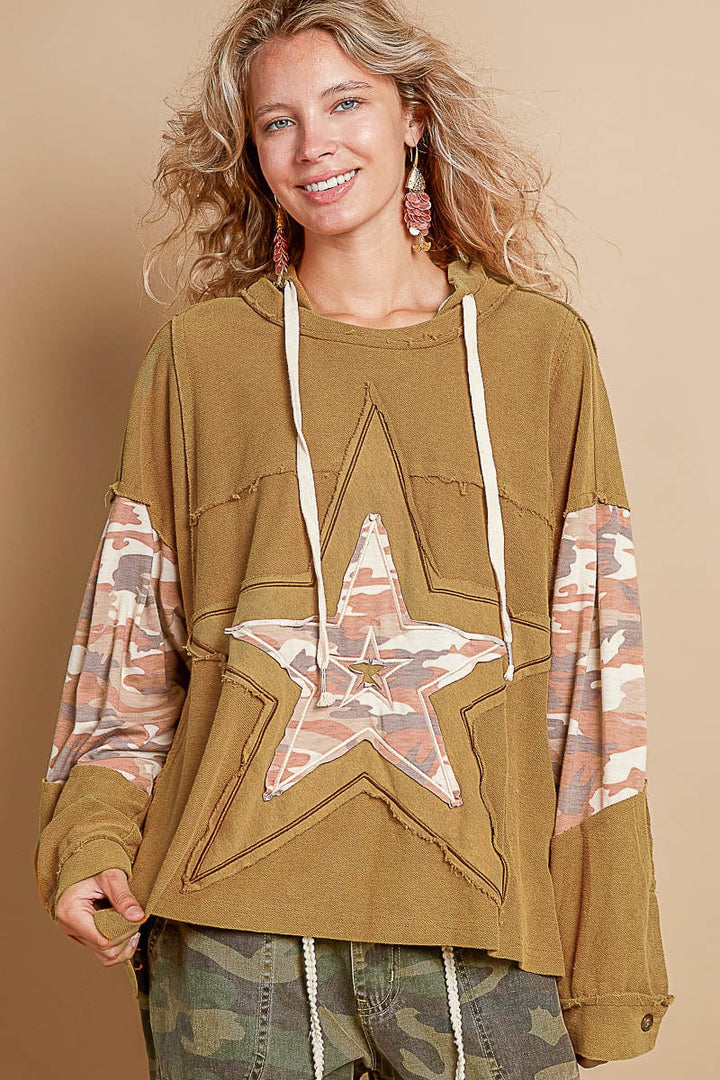 POL Oversized Fit Long Sleeve Knit Top with Contrast Print Star Patchwork