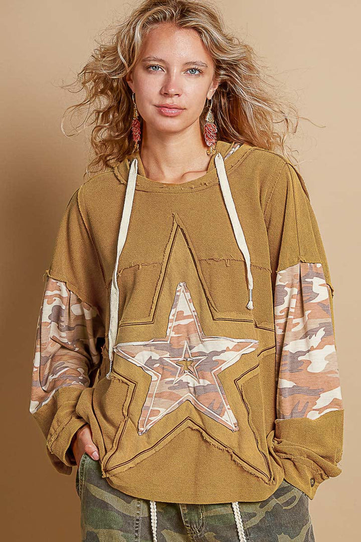 POL Oversized Fit Long Sleeve Knit Top with Contrast Print Star Patchwork