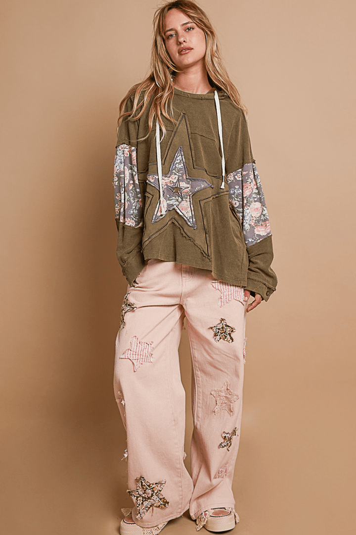 POL Oversized Fit Long Sleeve Knit Top with Contrast Print Star Patchwork