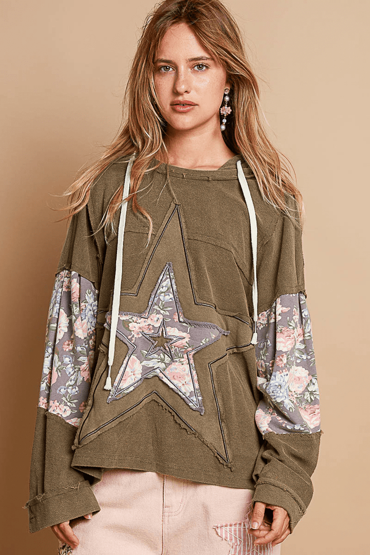 POL Oversized Fit Long Sleeve Knit Top with Contrast Print Star Patchwork