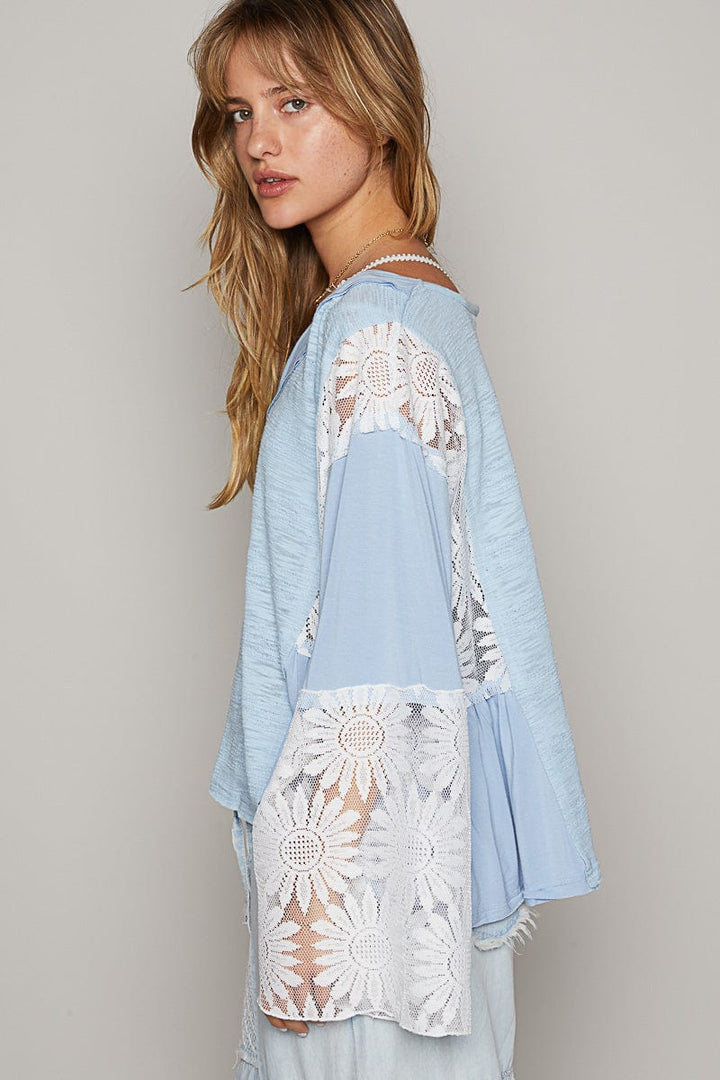 POL Relaxed Fit V-Neck Jersey Top with Sunflower Lace Patches