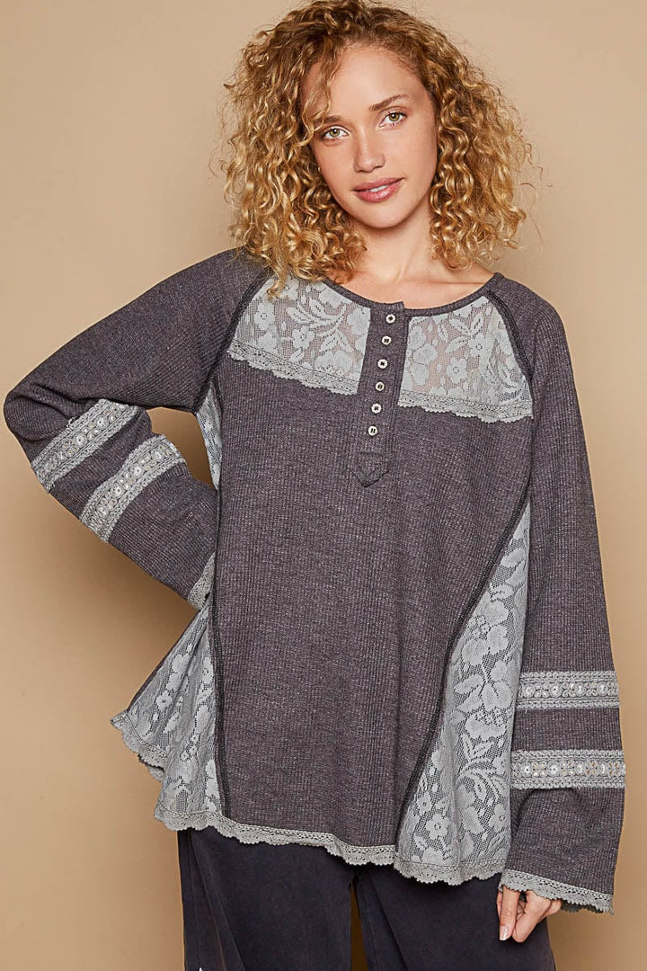 POL Round Henley Neck Raglan Sleeve Lace and Thermal Mix Top