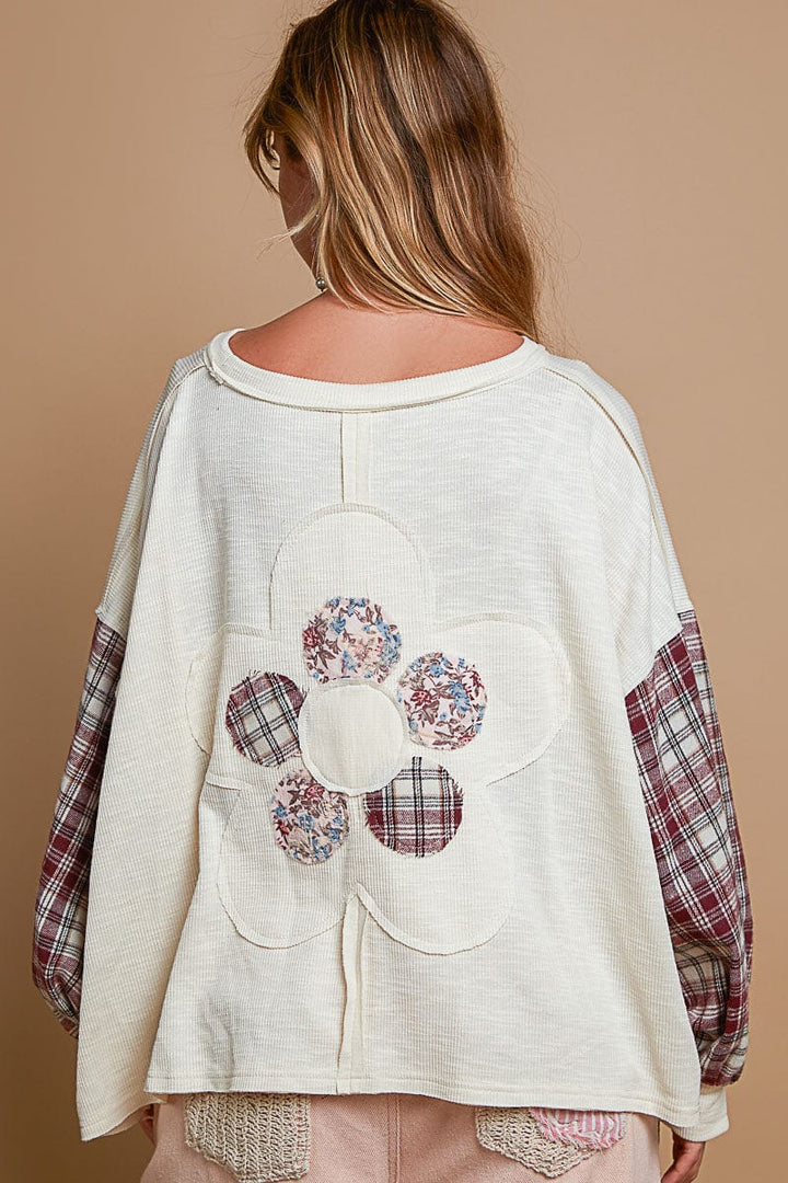 POL Round Neck Balloon Plaid Print Sleeves and Flower Patchwork