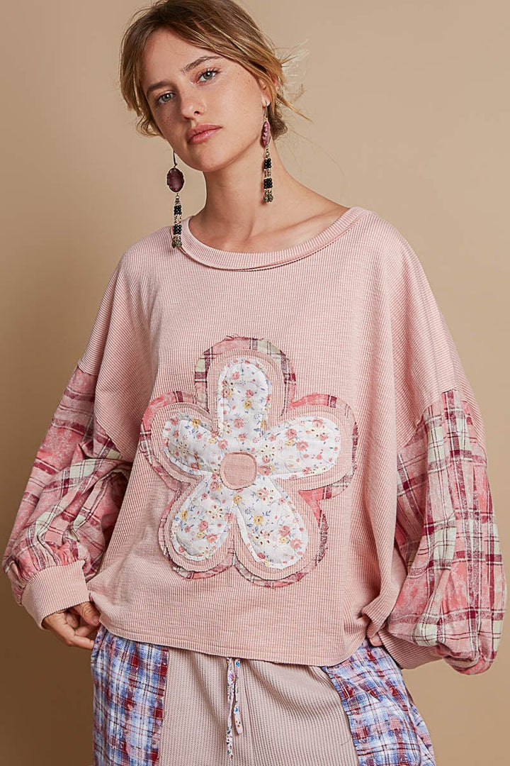 POL Round Neck Balloon Plaid Print Sleeves and Flower Patchwork