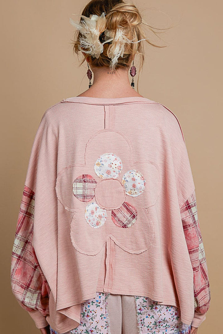 POL Round Neck Balloon Plaid Print Sleeves and Flower Patchwork