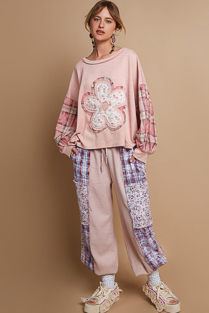 POL Round Neck Balloon Plaid Print Sleeves and Flower Patchwork