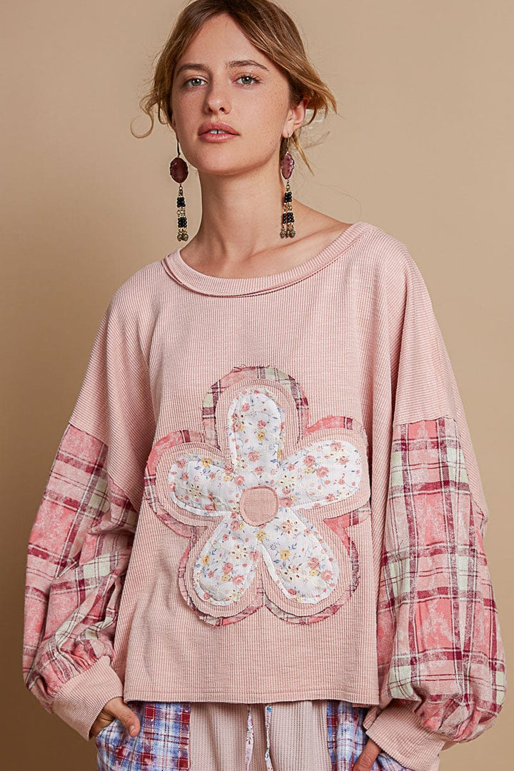 POL Round Neck Balloon Plaid Print Sleeves and Flower Patchwork