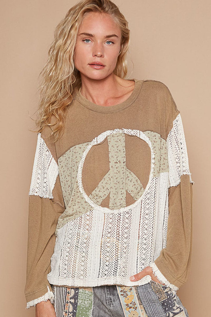 POL Round Neck Long Sleeve Peace Patch Top with Outseam Detailing