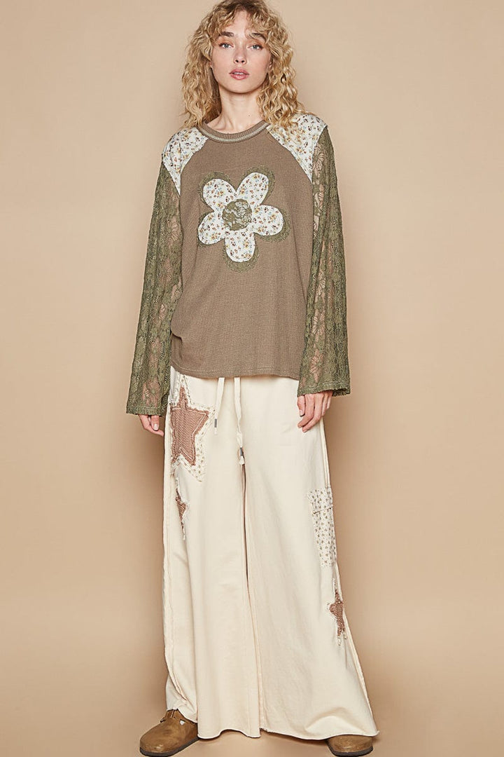 POL Round Neck See-Through Lace Sleeves with Mixed Print Flower Patch