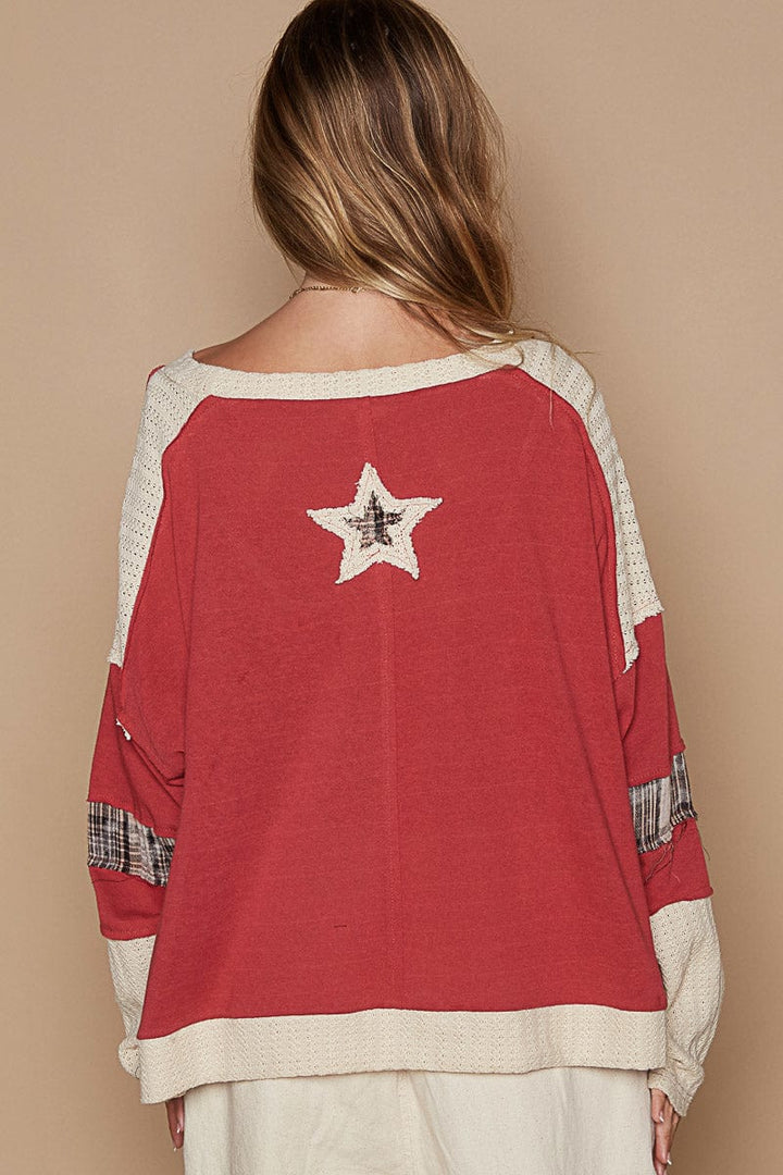 POL Round Neck Star Shape Patchwork Long Sleeve Cropped Knit Top