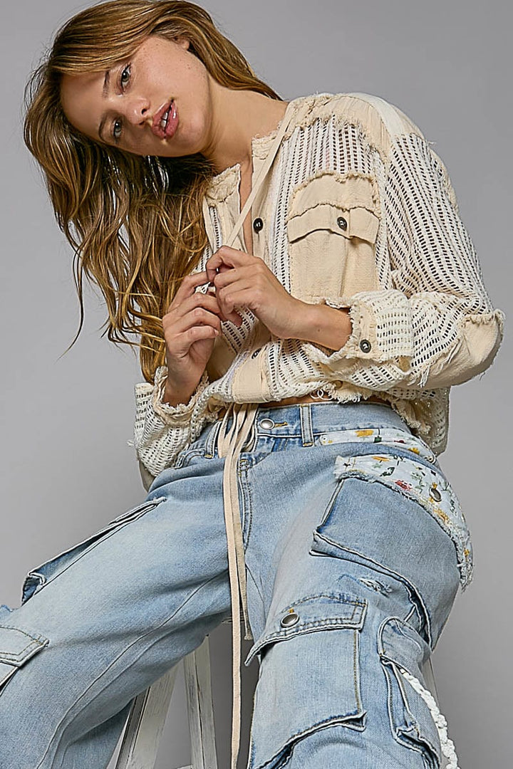 POL See Through Button Down Hoodie Top