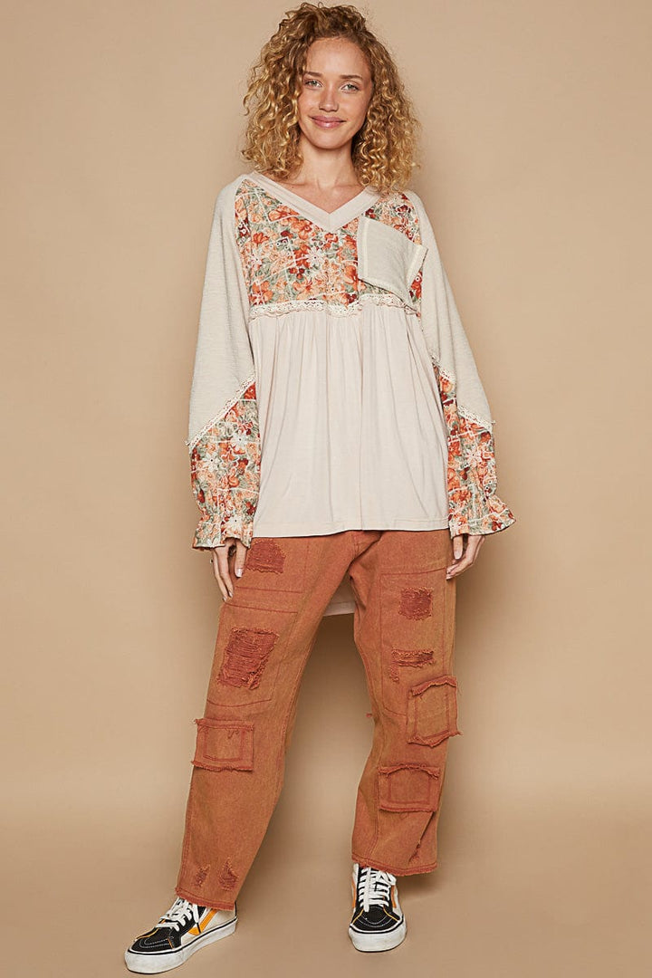 POL V-Neck Front Pocket Balloon Sleeve Floral Jersey Top