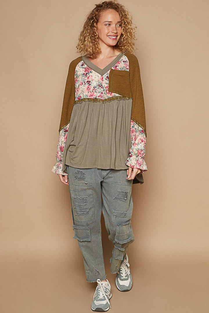 POL V-Neck Front Pocket Balloon Sleeve Floral Jersey Top