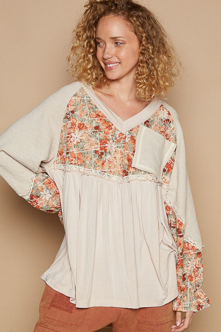 POL V-Neck Front Pocket Balloon Sleeve Floral Jersey Top