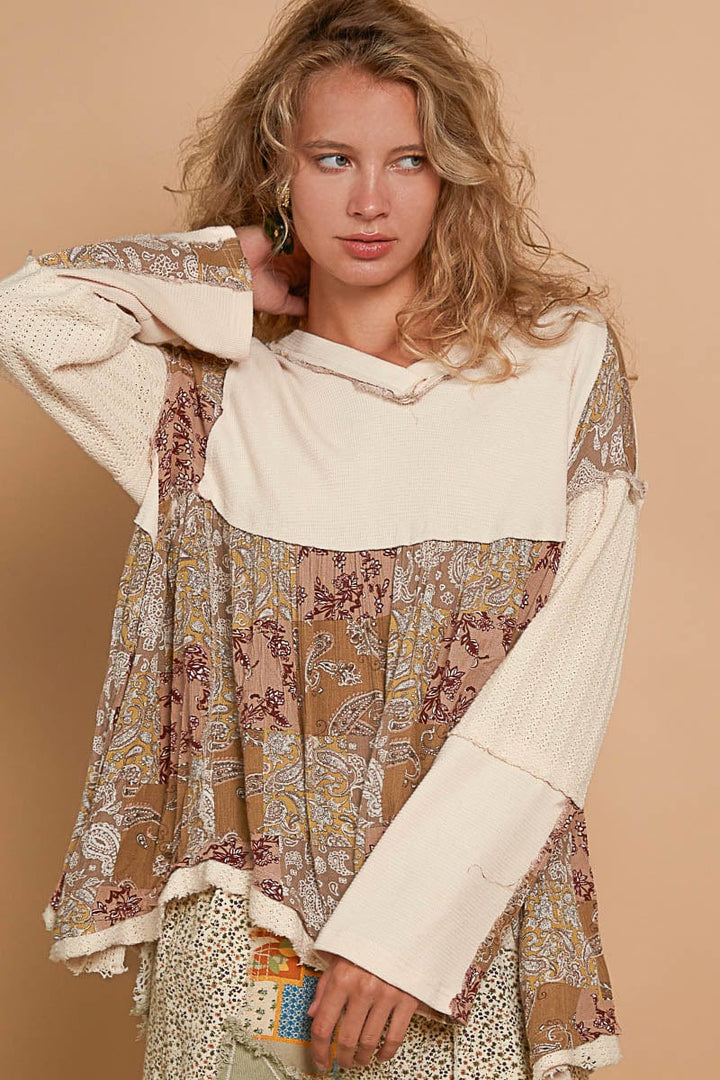 POL V-Neck Overlay Mixed Print Fabric Long Sleeve Top