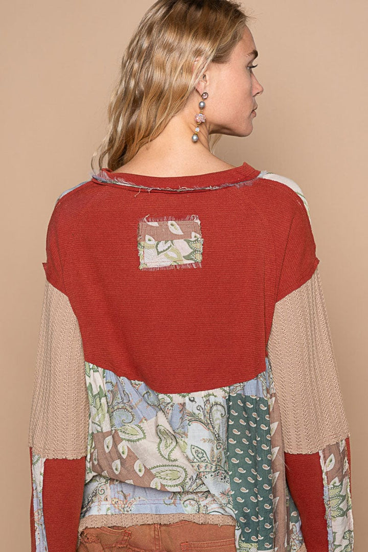 POL V-Neck Overlay Mixed Print Fabric Long Sleeve Top