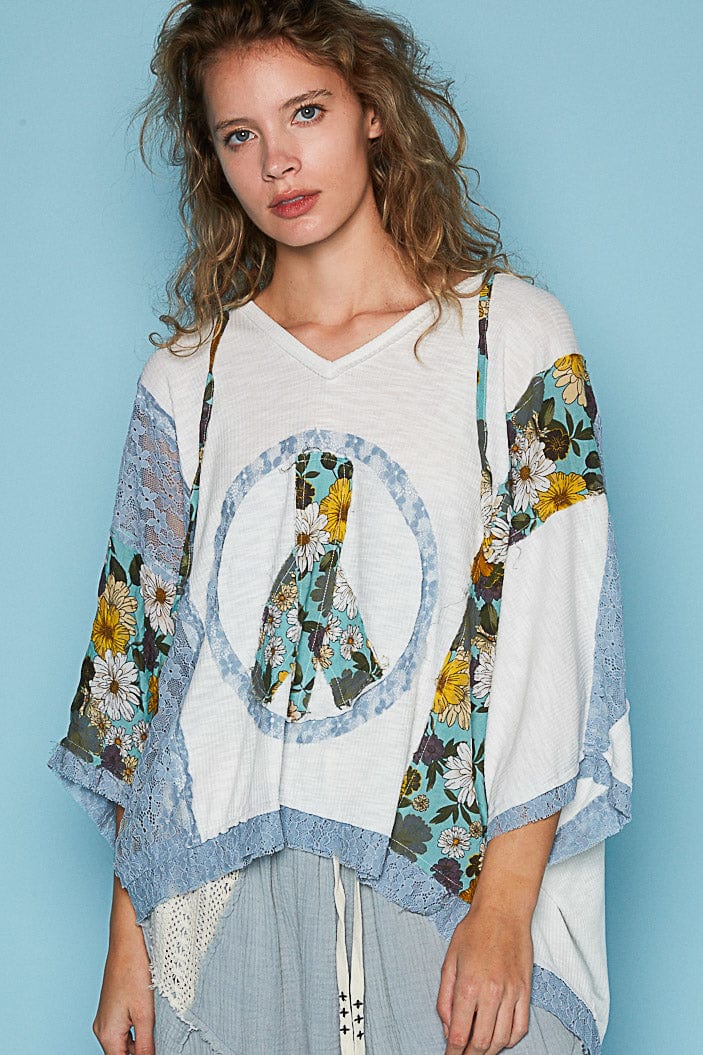 POL V-Neck Peace Sign Design Oversized Drop Shoulder Hoodie with Lace Patchwork