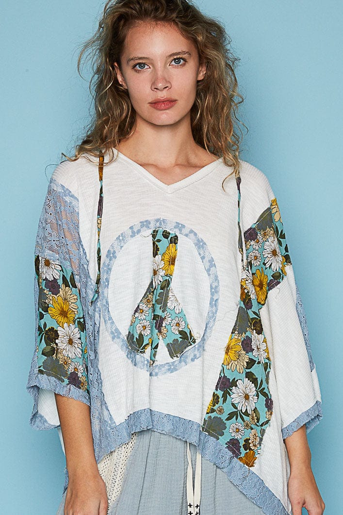 POL V-Neck Peace Sign Design Oversized Drop Shoulder Hoodie with Lace Patchwork