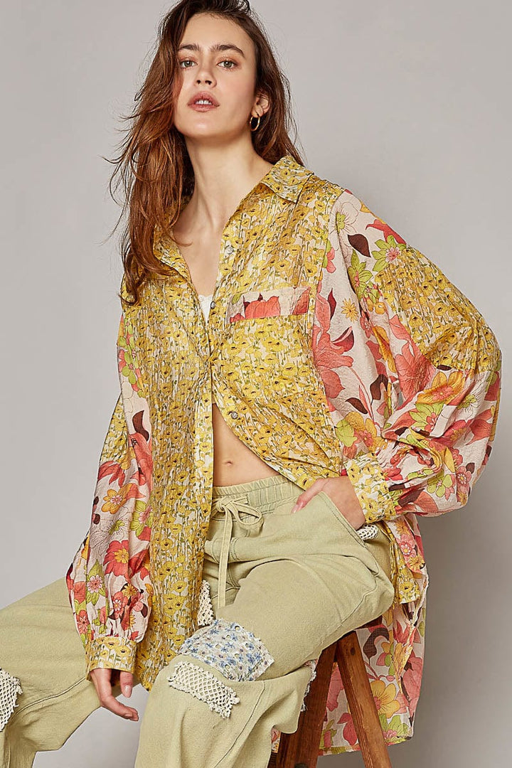 POL Woven Print Mixed Floral Pattern Relaxed Fit Button Down Top