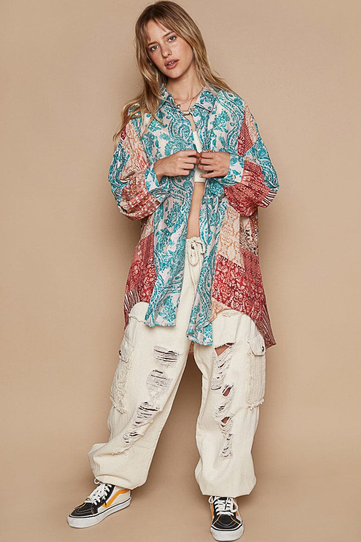 POL Woven Print Mixed Floral Pattern Relaxed Fit Button Down Top