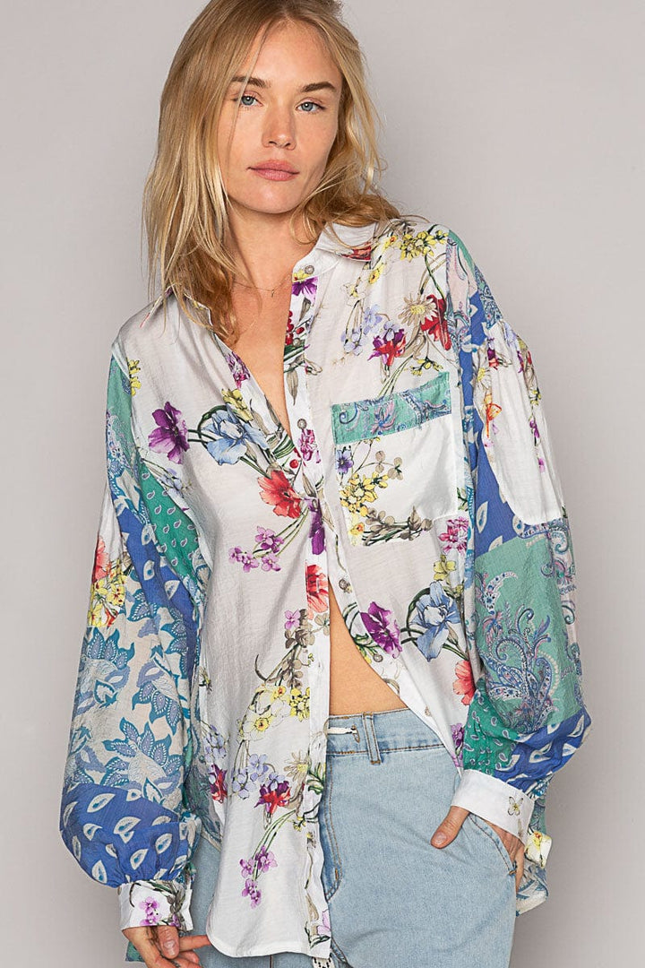 POL Woven Print Mixed Floral Pattern Relaxed Fit Button Down Top