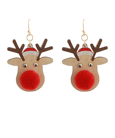 Pompom Red Nose Reindeer Simple Wooden Christmas Dangle Earrings