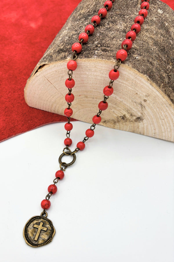 Pressed Wax Stamp Style Cross Charm on Marbled Genuine Stone Bead Necklace