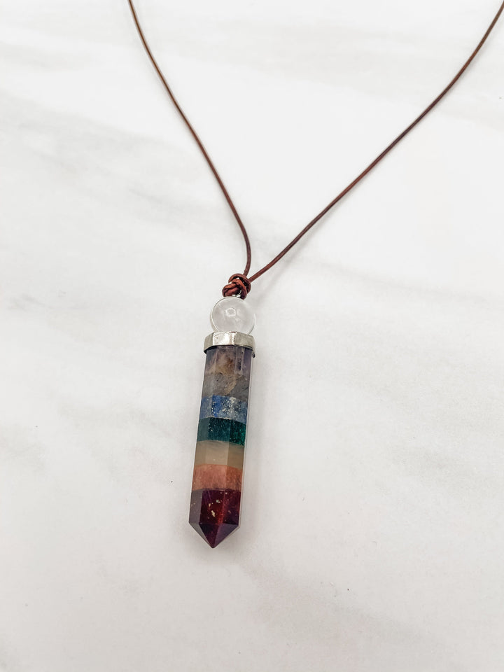 Rainbow Stacked Assorted Genuine Stone Prism Leather Cord Necklace