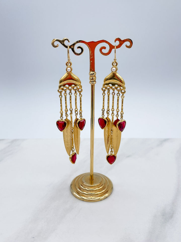 Raphael Vintage Earrings with Gold Feathers and Crystal Hearts