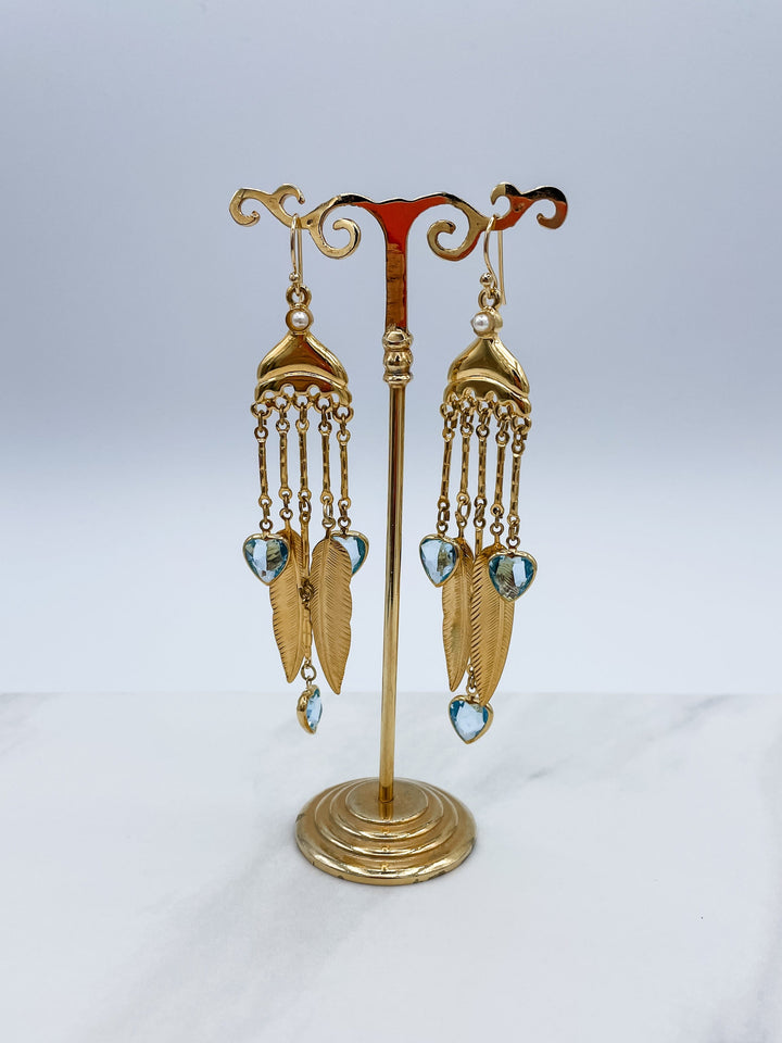 Raphael Vintage Earrings with Gold Feathers and Crystal Hearts