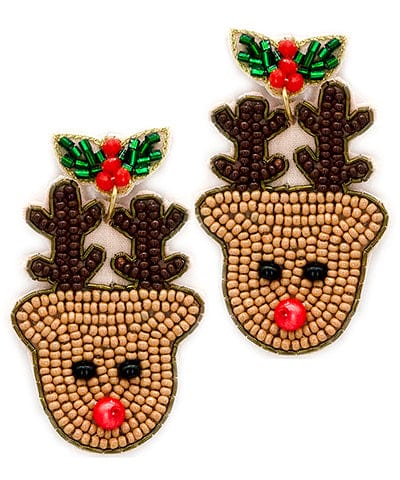 Red Nose Reindeer and Holly Beaded Felt Back Dangle Earrings