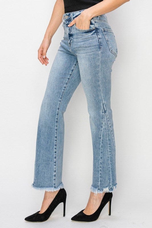 Risen High Rise Side Leg Seam Line Detail Ankle Flare Jeans