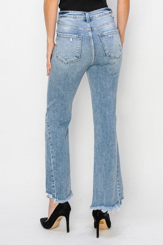 Risen High Rise Side Leg Seam Line Detail Ankle Flare Jeans